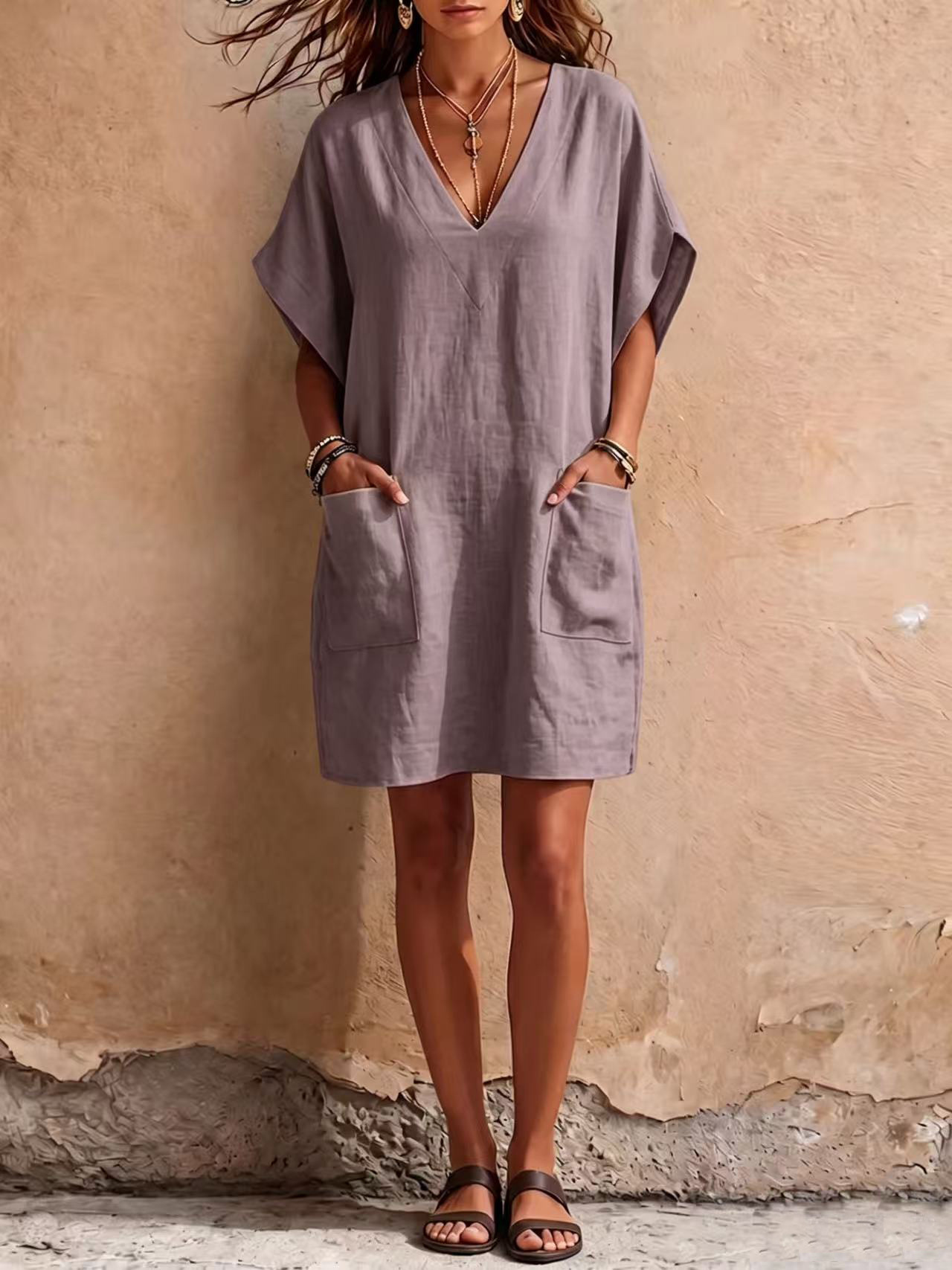 V-Neck Loose Pocket Midi Dress