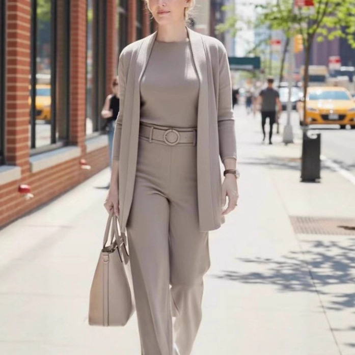 Women's Solid Color Round Neck Long Sleeve Top with Belt and Comfortable Pants 3-Piece Set
