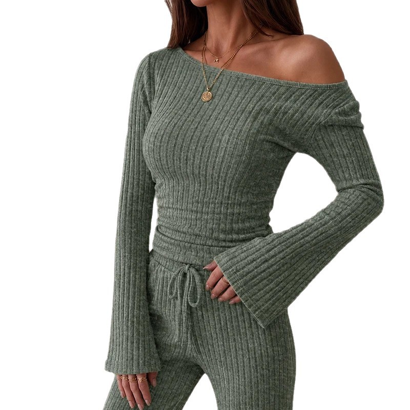 Women's Ribbed Knit Lounge Set Off-Shoulder Flared Sleeve Ruched Top & Wide-Leg Pants