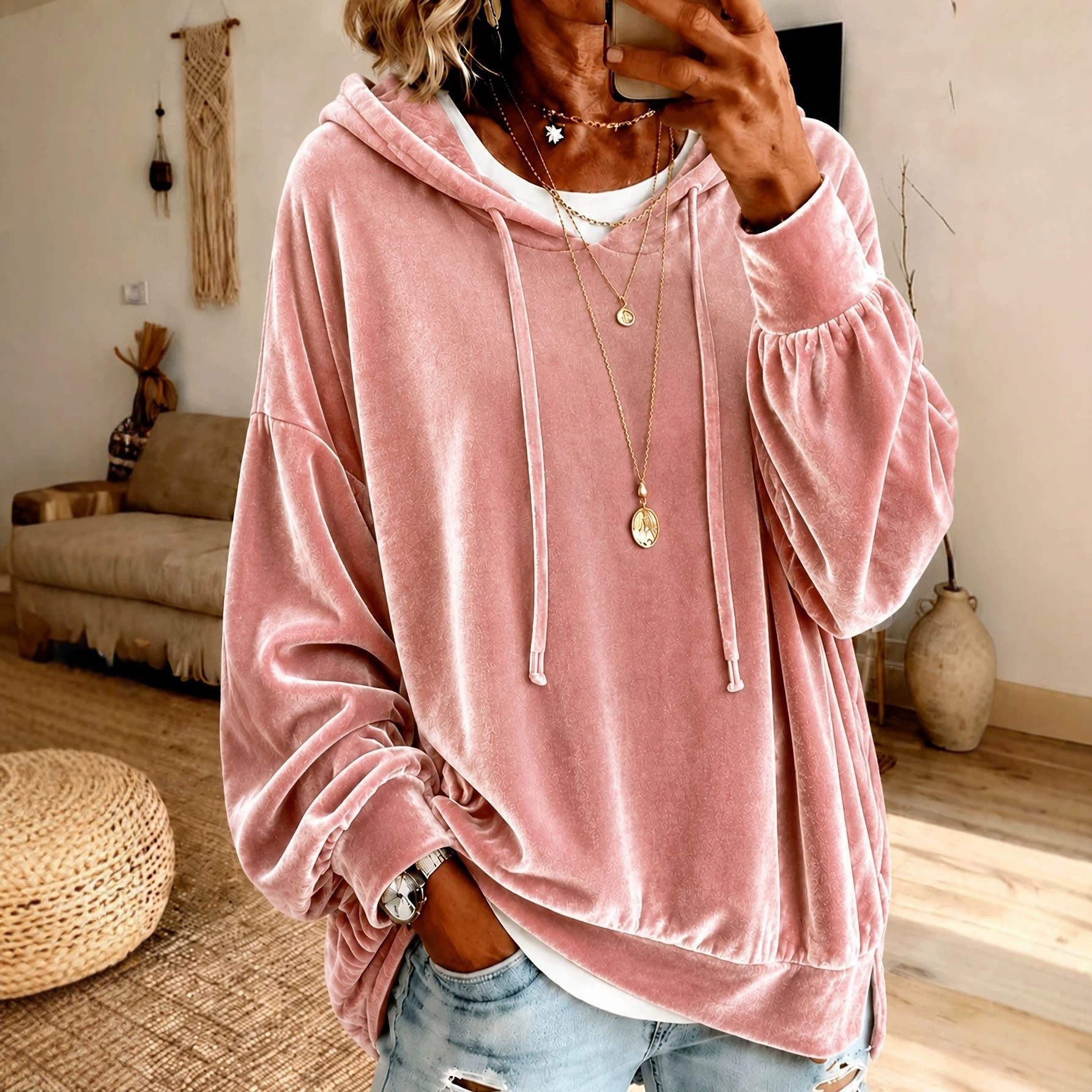 2026 Women's Velvet Hooded Drawstring Sweatshirt Loose Casual Long Sleeve Top Jacket for Europe and America Amazon Independent Station