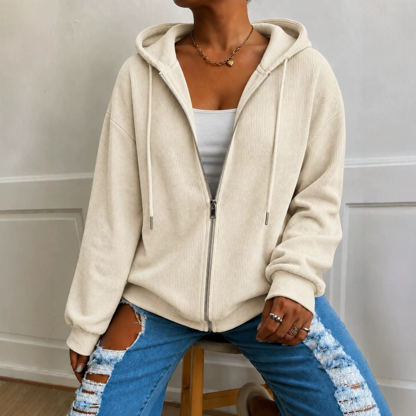 Women's Casual Loose Hooded Zip Knit Cardigan Textured Long Sleeve Outerwear