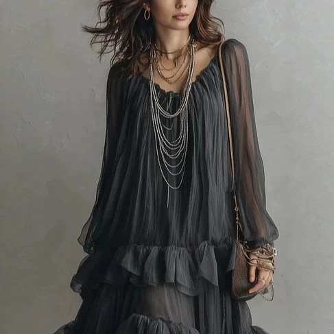 Sheer Chiffon Long Sleeve Tiered Ruffle Maxi Dress