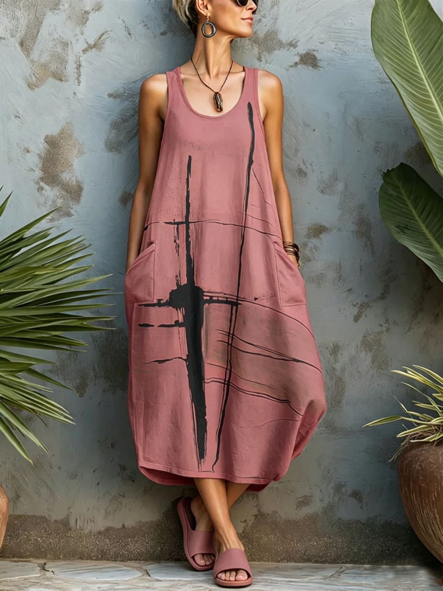 Women's Summer Sleeveless Printed Pocket Casual Dress