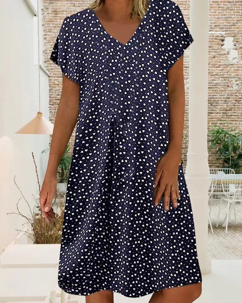 Casual V-Neck Short Sleeve Polka Dot Heart Print Midi Dress