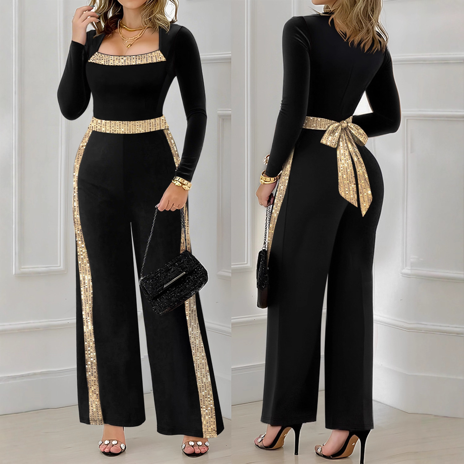 Sequin Trim Jumpsuit Casual Set