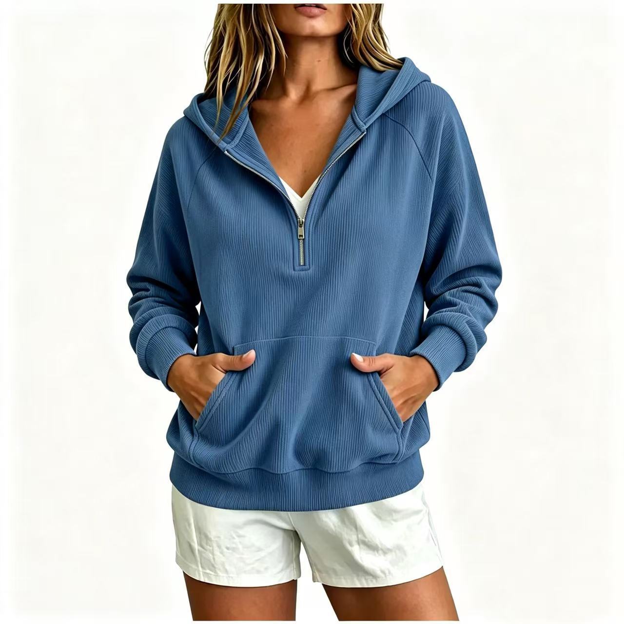 Corduroy Hooded Zip-Up Sweatshirt for Women