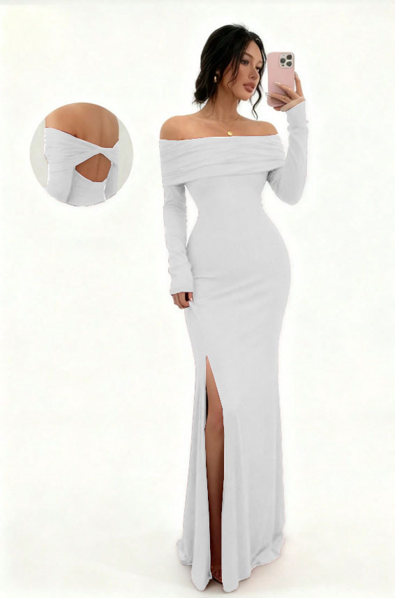 Long Sleeve Off-Shoulder Slit Bodycon Midi Dress