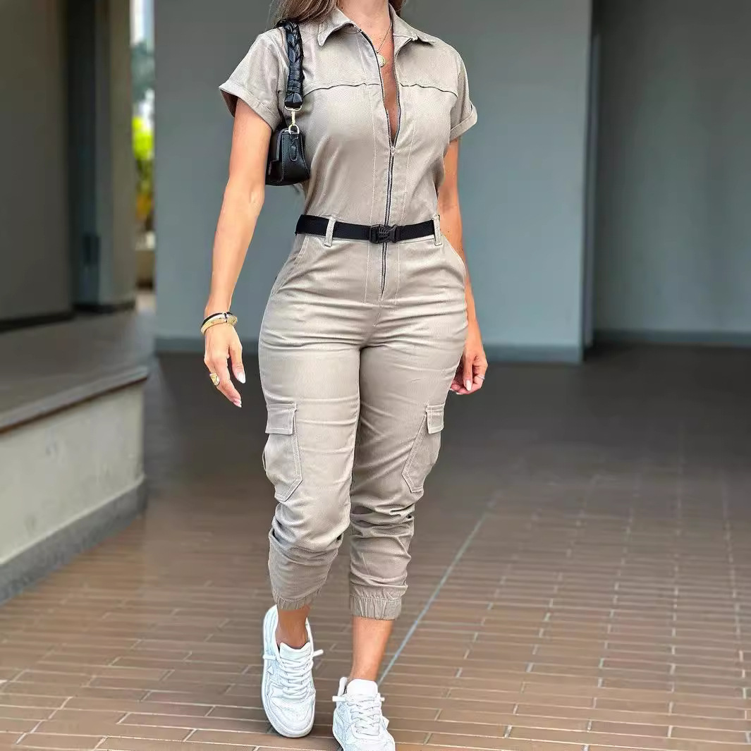 Women's Zip Cargo Jumpsuit Short Sleeve Collared Multi-Pocket Belted
