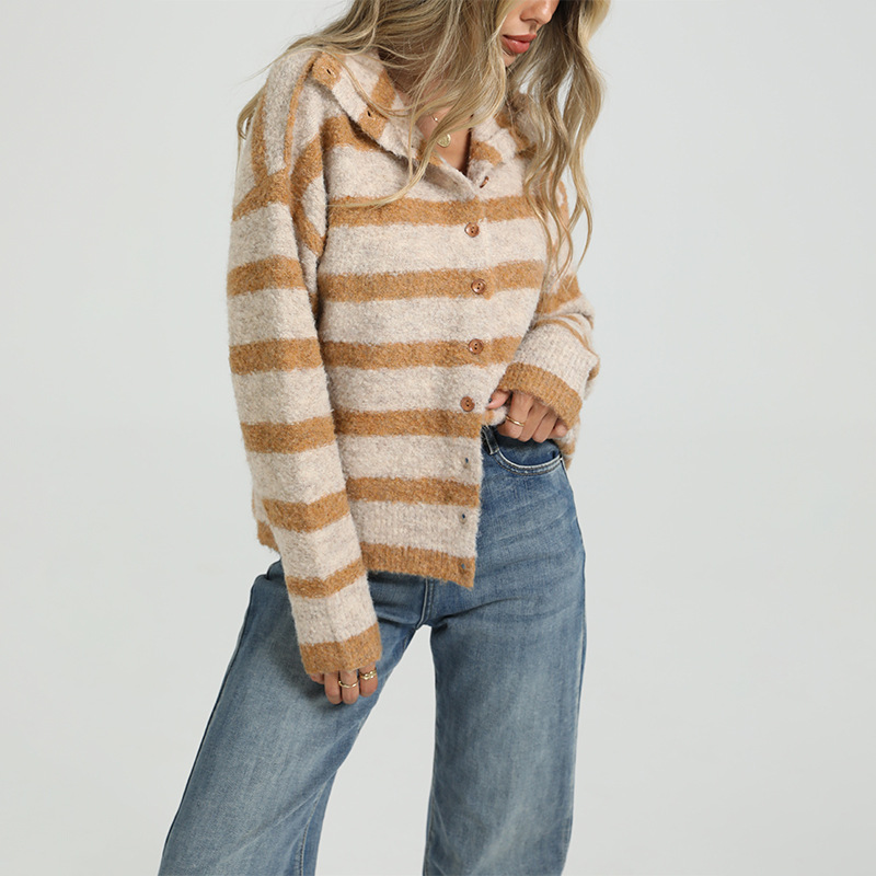 Women's Button-Up Stand Collar Striped Colorblock Knit Cardigan