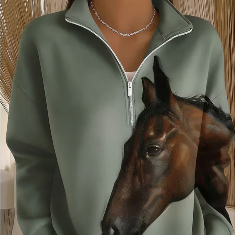 Horse Print Half-Zip Hoodie for Women