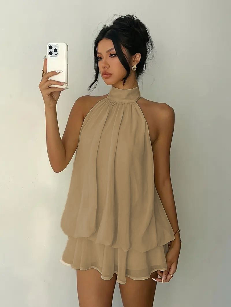 Solid Halter Open-Back Fitted Top Puff Mini Dress