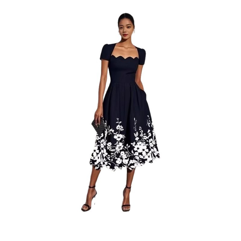 Women's Short Sleeve Square Neck Midi Dress Digital Print A-Line