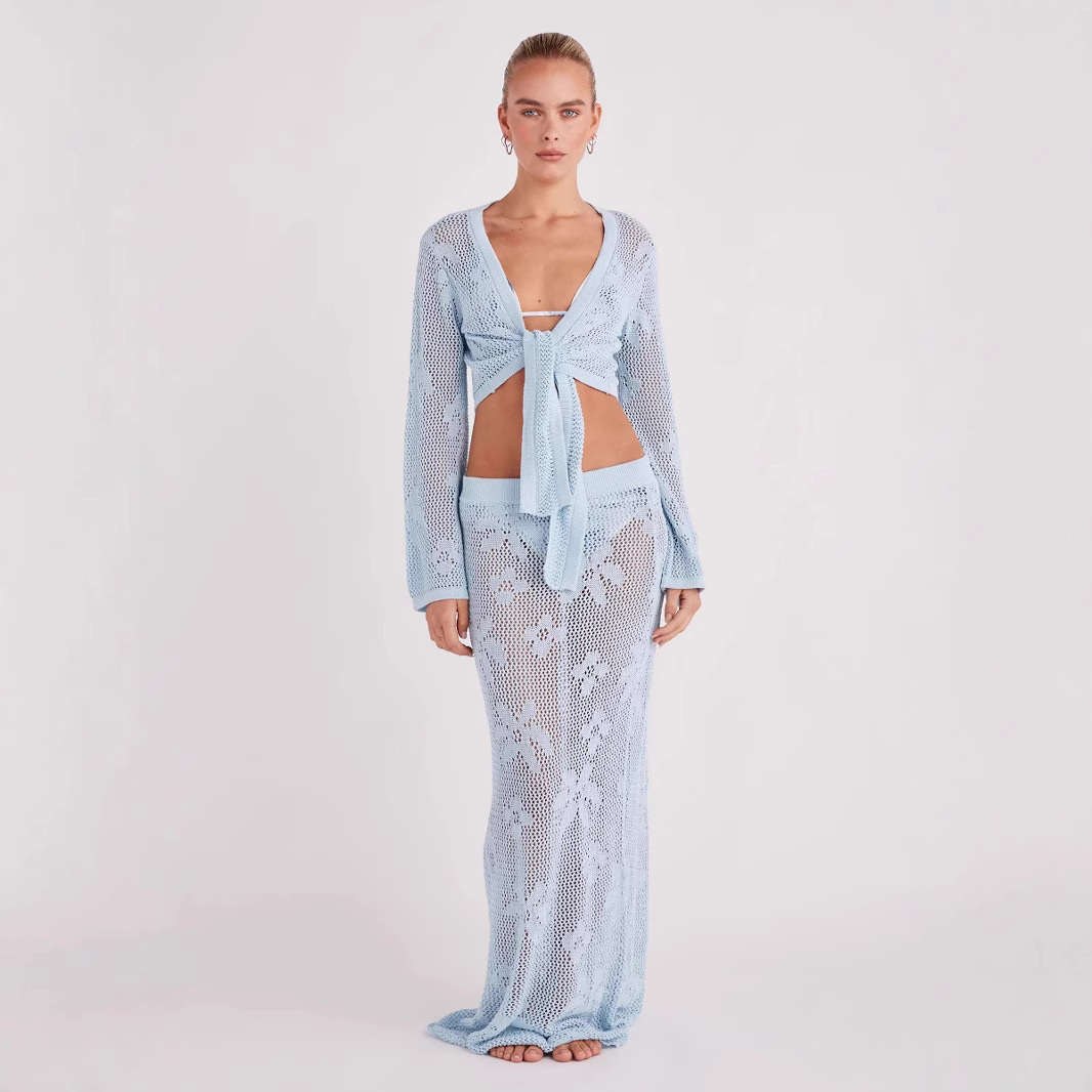 Open-Knit Long-Sleeve Two-Piece Crop Top and Maxi Skirt Set