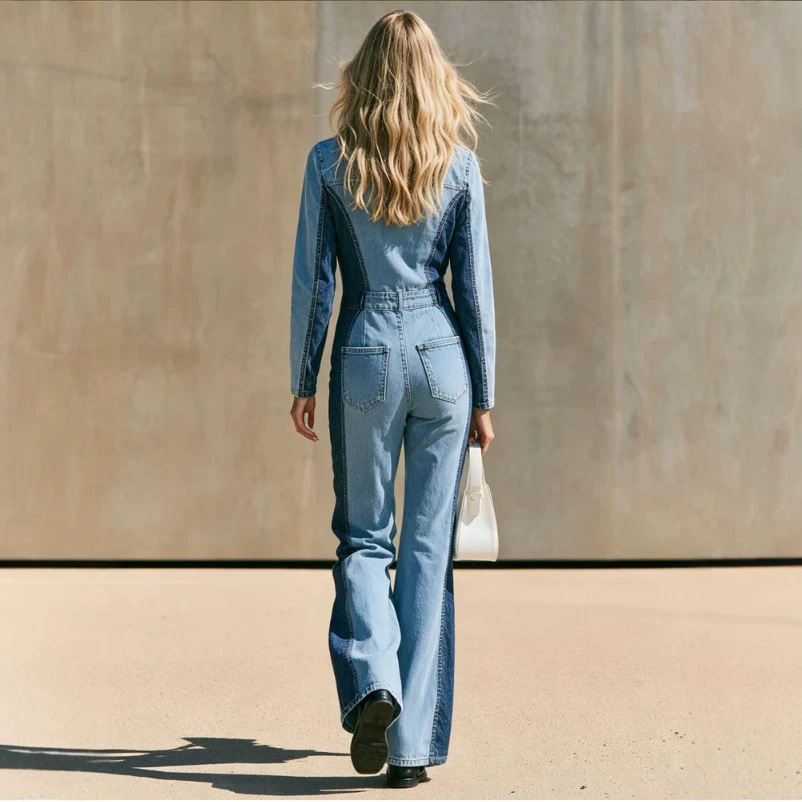 Retro Color-Block Long-Sleeve Zip Flared Jumpsuit