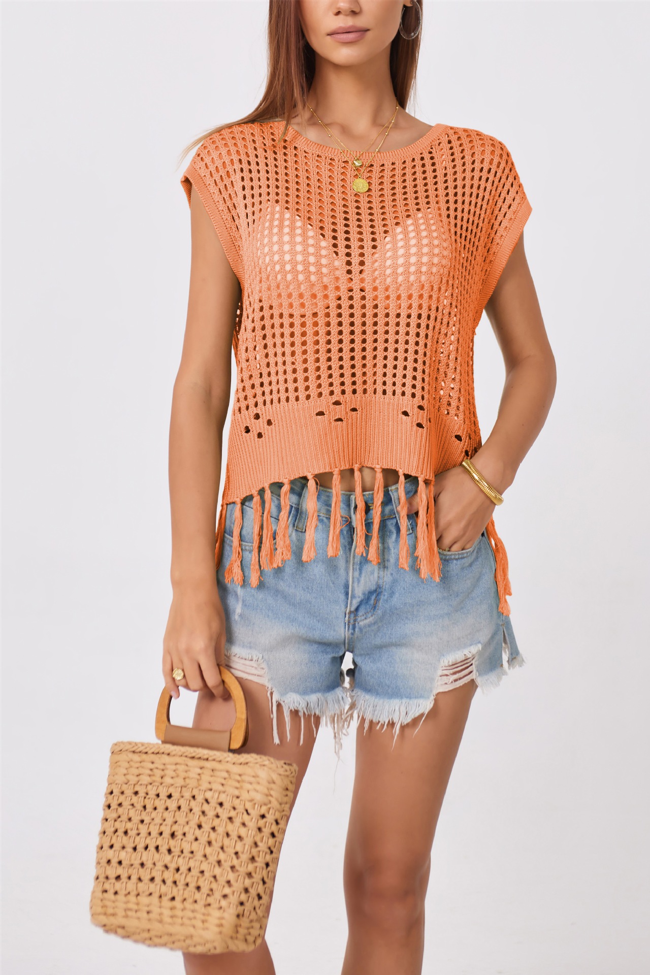 Women's Handmade Fringe Open Knit Sweater Crew Neck Loose Fit