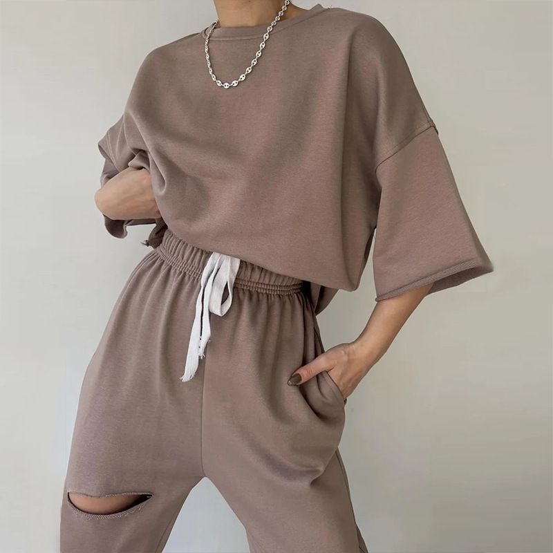 Women's Long Sleeve Crewneck Solid Top & Distressed Tie Pants Two-Piece Set