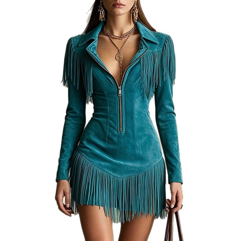 Fringe Trim Deep V Fitted Mini Dress