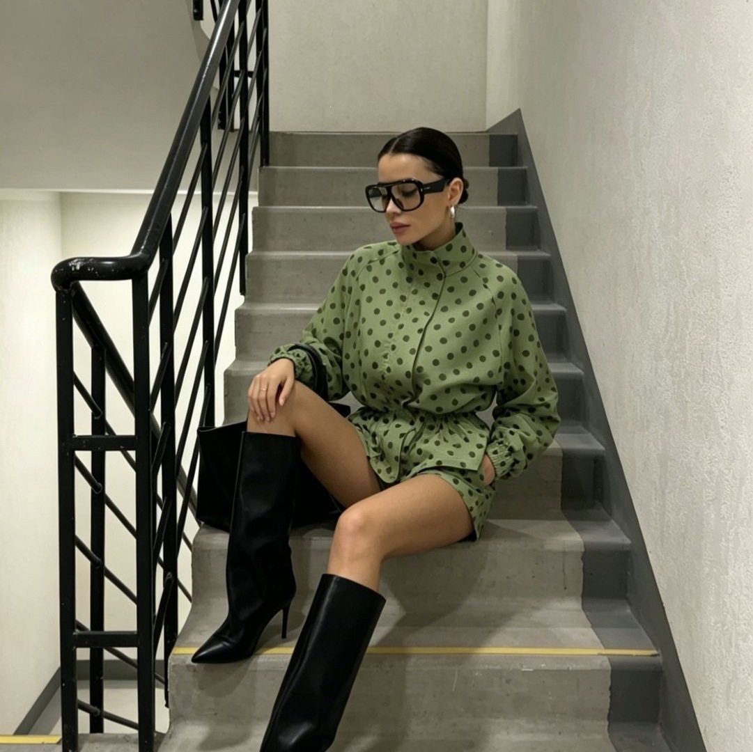 Polka Dot Long-Sleeve Jacket and High-Waist Shorts Set