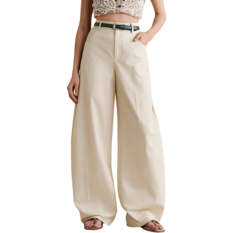 Women's Solid Curved Wide-Leg Pants Loose Straight Casual Trousers