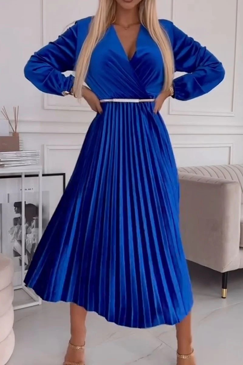 Solid V-Neck Velvet Pleated A-Line Midi Dress