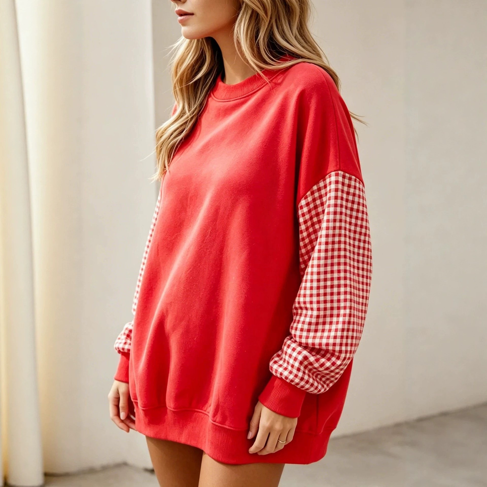 Women's Loose Crewneck Colorblock Plaid Long-Sleeve Sweatshirt