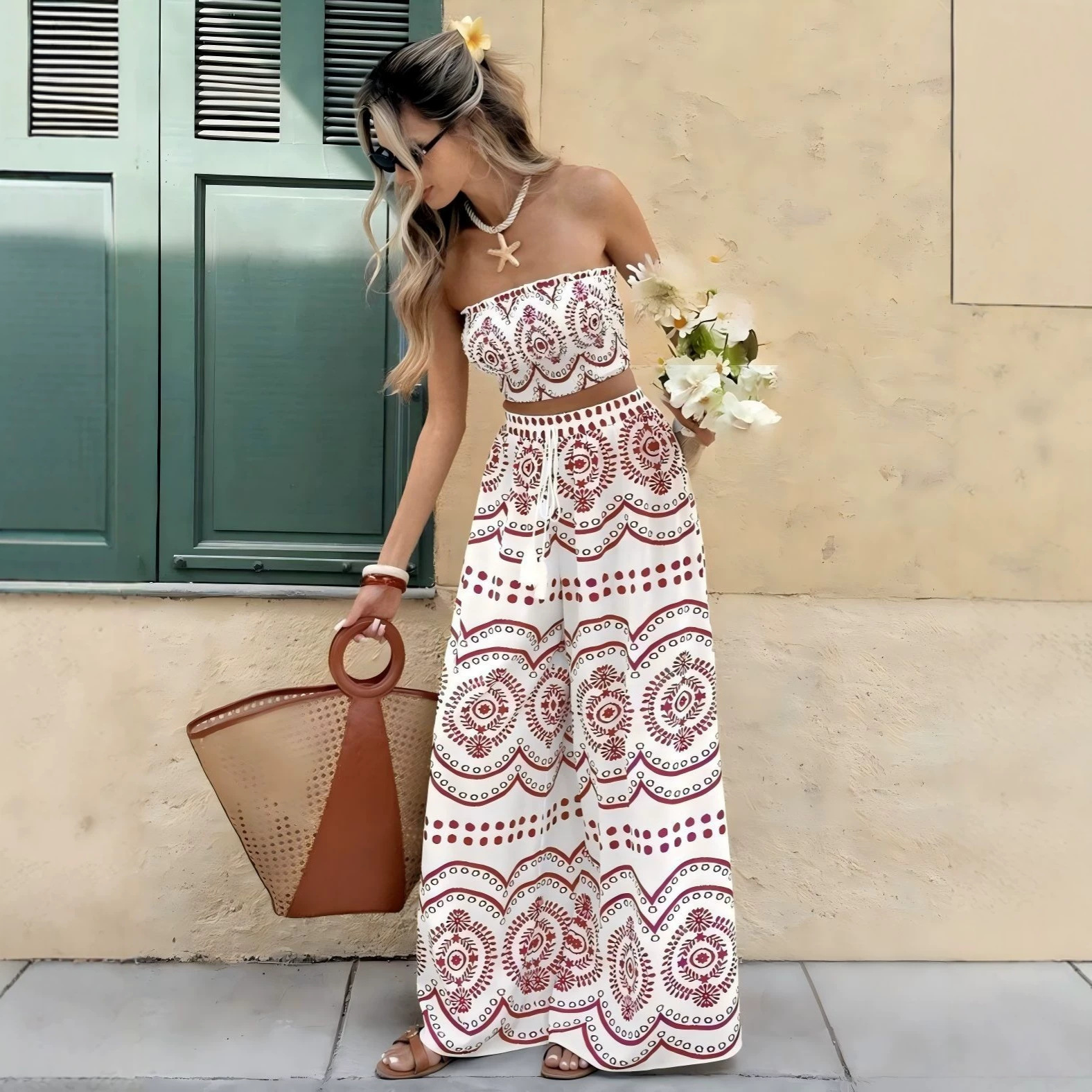 Bohemian Plant Print Strapless Crop Top & Wide-Leg Pants Two-Piece Set