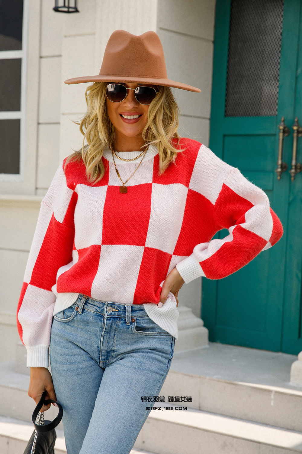 Striped Plaid Crewneck Knit Pullover Sweater