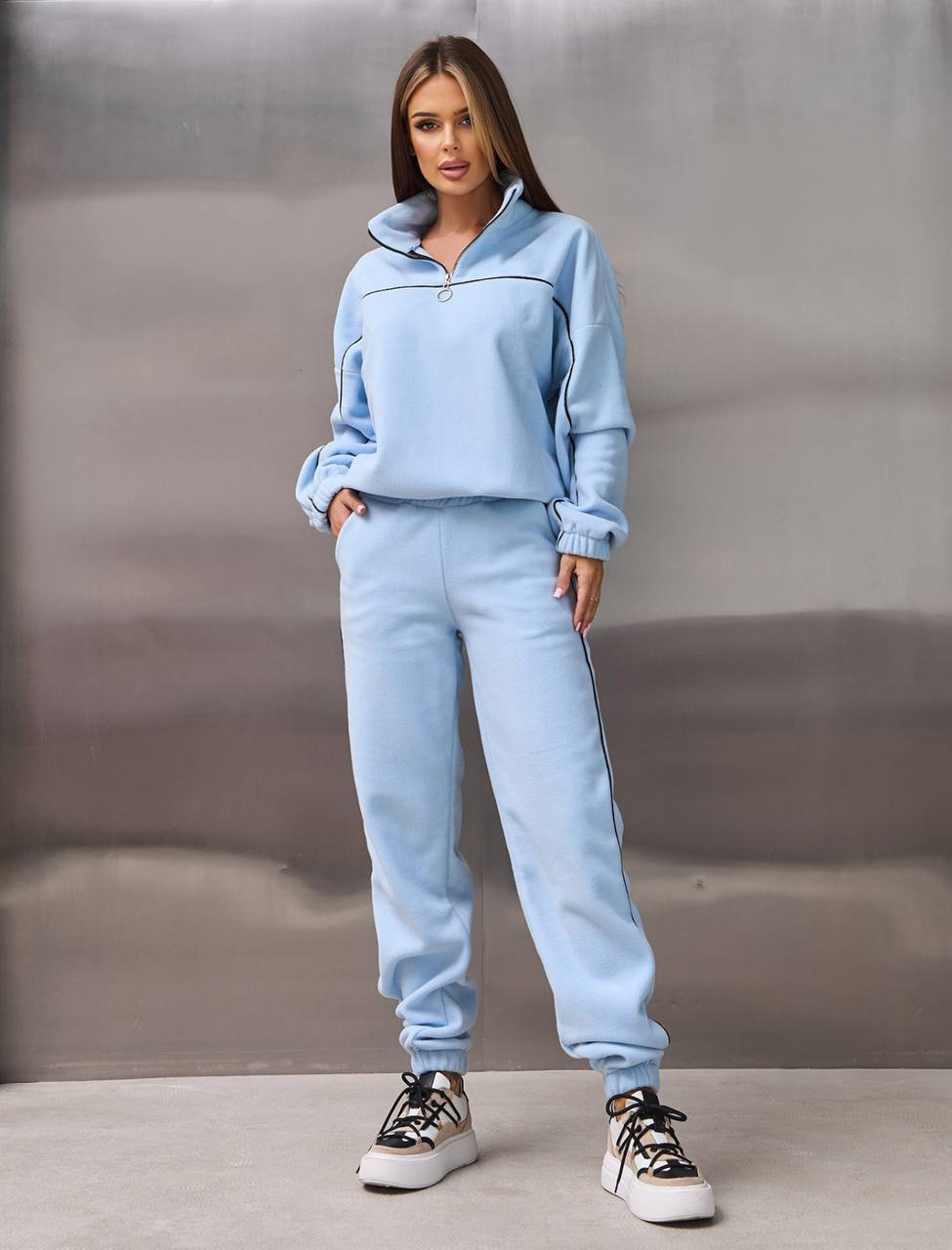 Women's Casual Loose Zip Stand Collar Fleece Hoodie Two-Piece Set