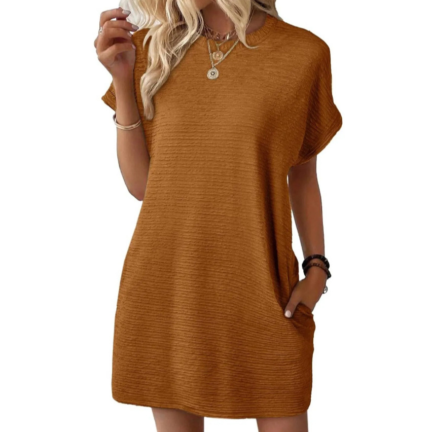 Women's Loose Crewneck Pocket Solid Short Sleeve Dress