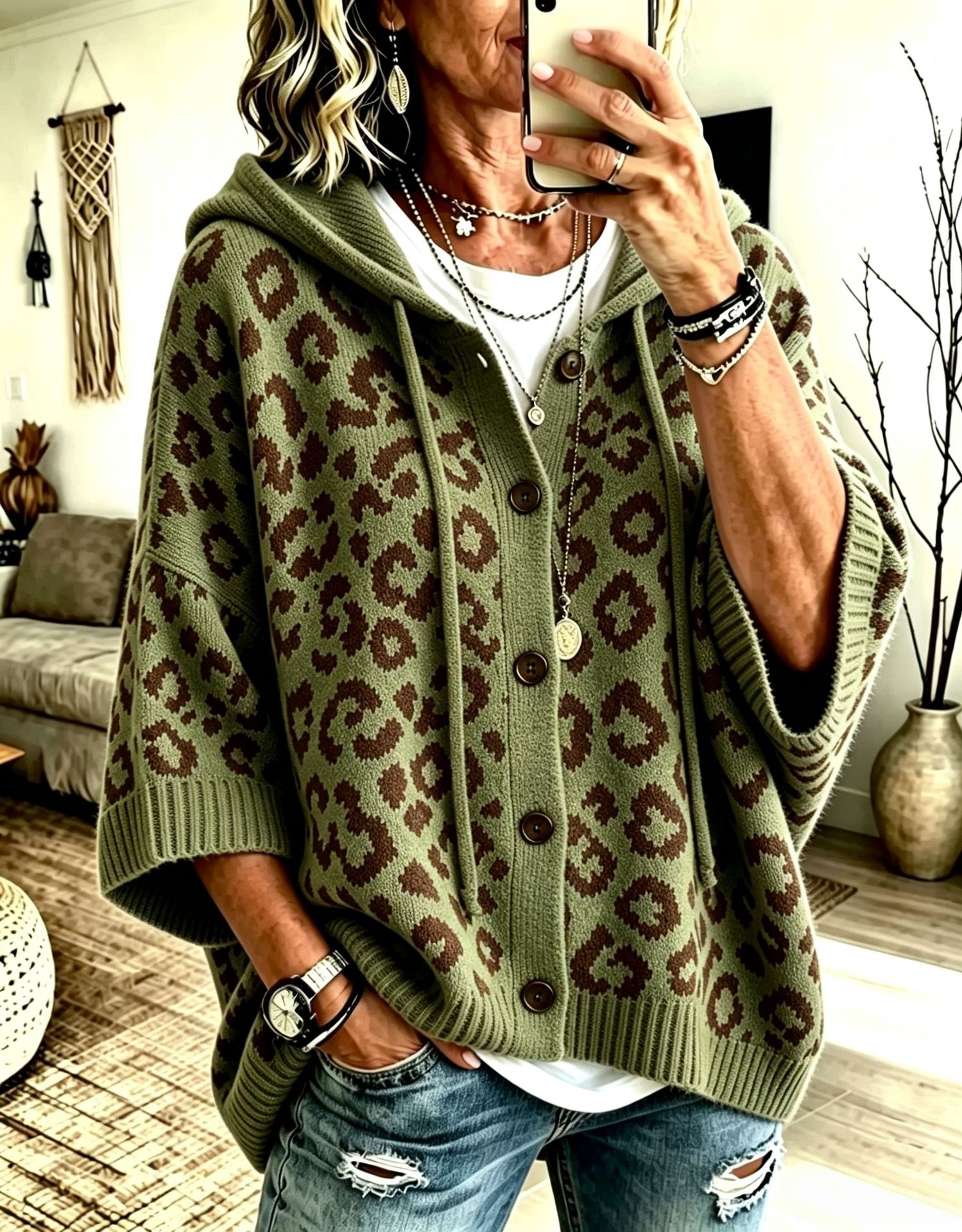 Leopard Print Button-Up Hooded Knit Cardigan Sweater