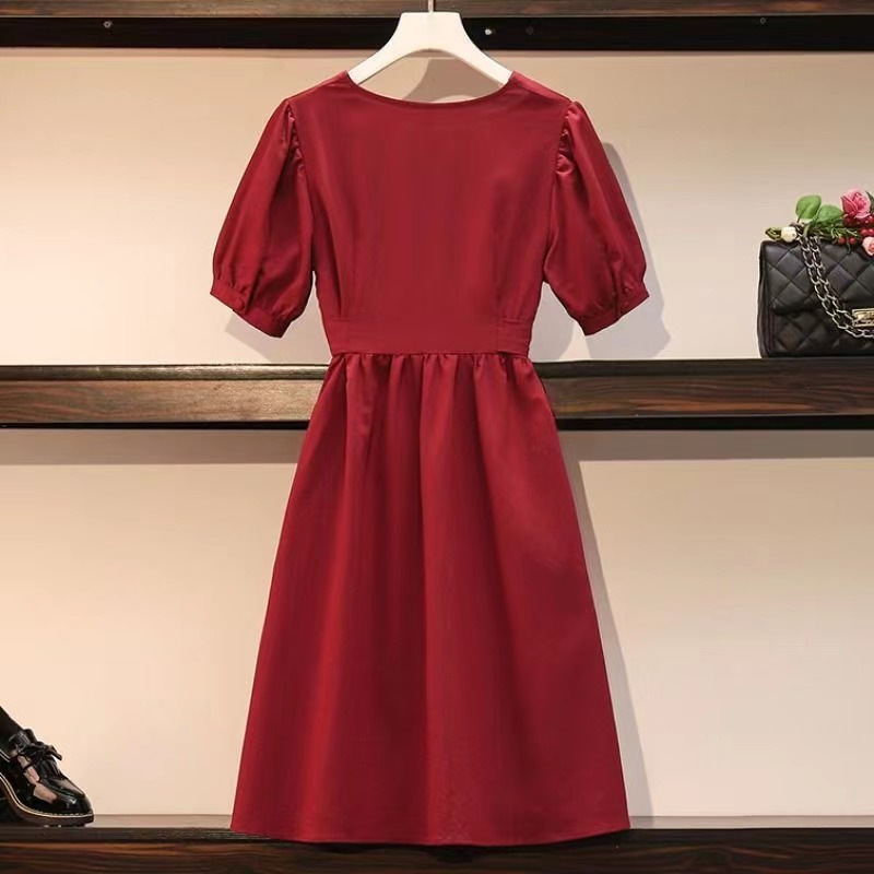 Women's Midi A-Line Dress with Short Sleeves and Cinched Waist