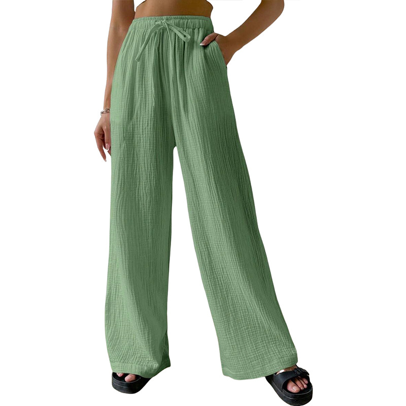 Cotton-Linen Crinkled Wide-Leg Lounge Pants for Women, Loose Solid Color