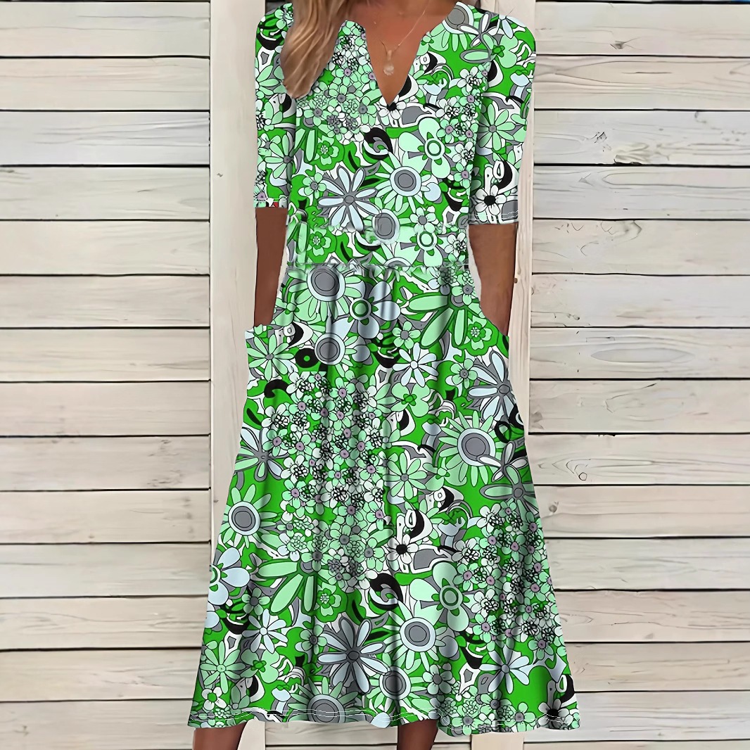 Vintage Daisy Floral Midi Dress Deep V-Neck Three-Quarter Sleeve Loose Fit