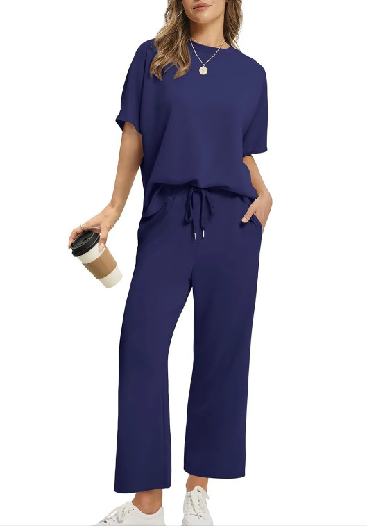 Women's Short Sleeve Top & Wide-Leg Cropped Pants Set