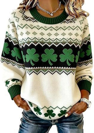 Women's Clover Print Crewneck Sweatshirt Casual Pullover