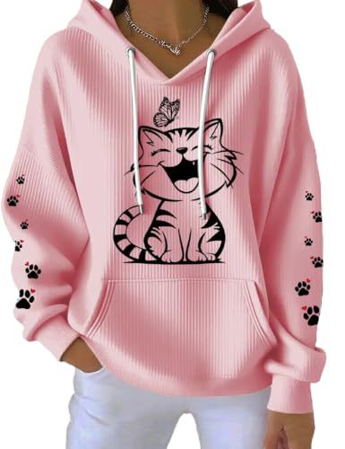 Women's Cat Paw Print Hoodie Long Sleeve Crewneck Pullover