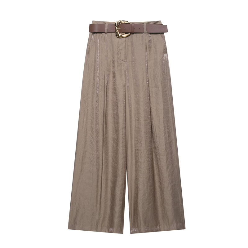 Satin-Feel Wide-Leg Pants with Belt