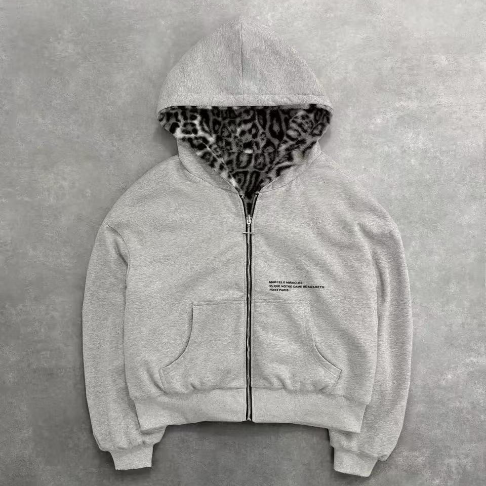 Reversible Leopard Print Zip Hoodie Oversized
