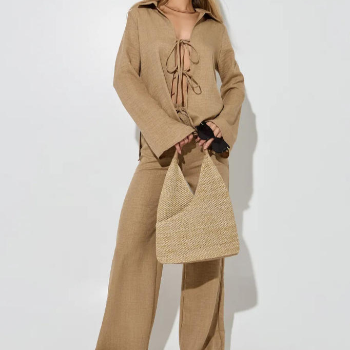 Women's Long Sleeve Tie-Front Cardigan Collared Top and Loose Pants Casual Two-Piece Set