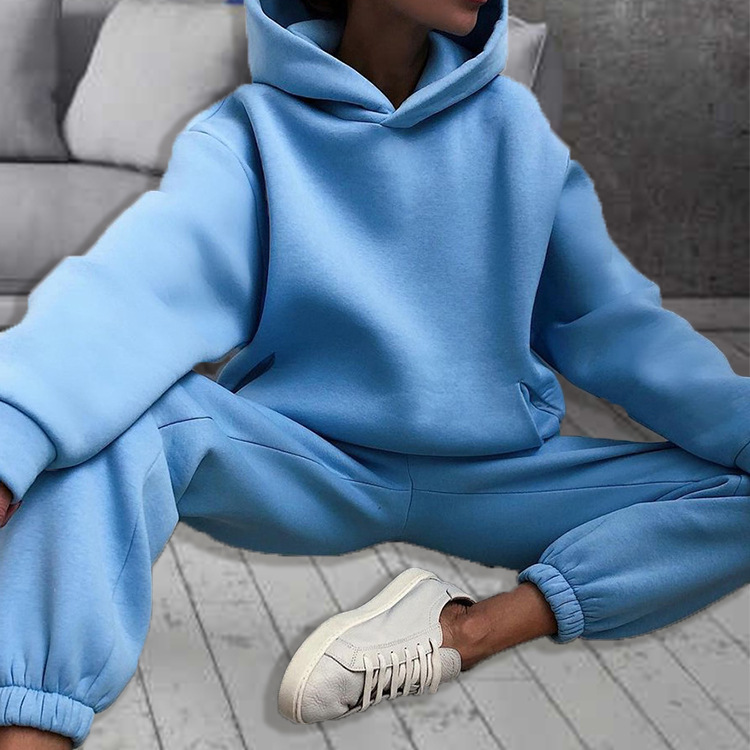 Women's Solid Color Hooded Sweatshirt and Pants Two-Piece Casual Set