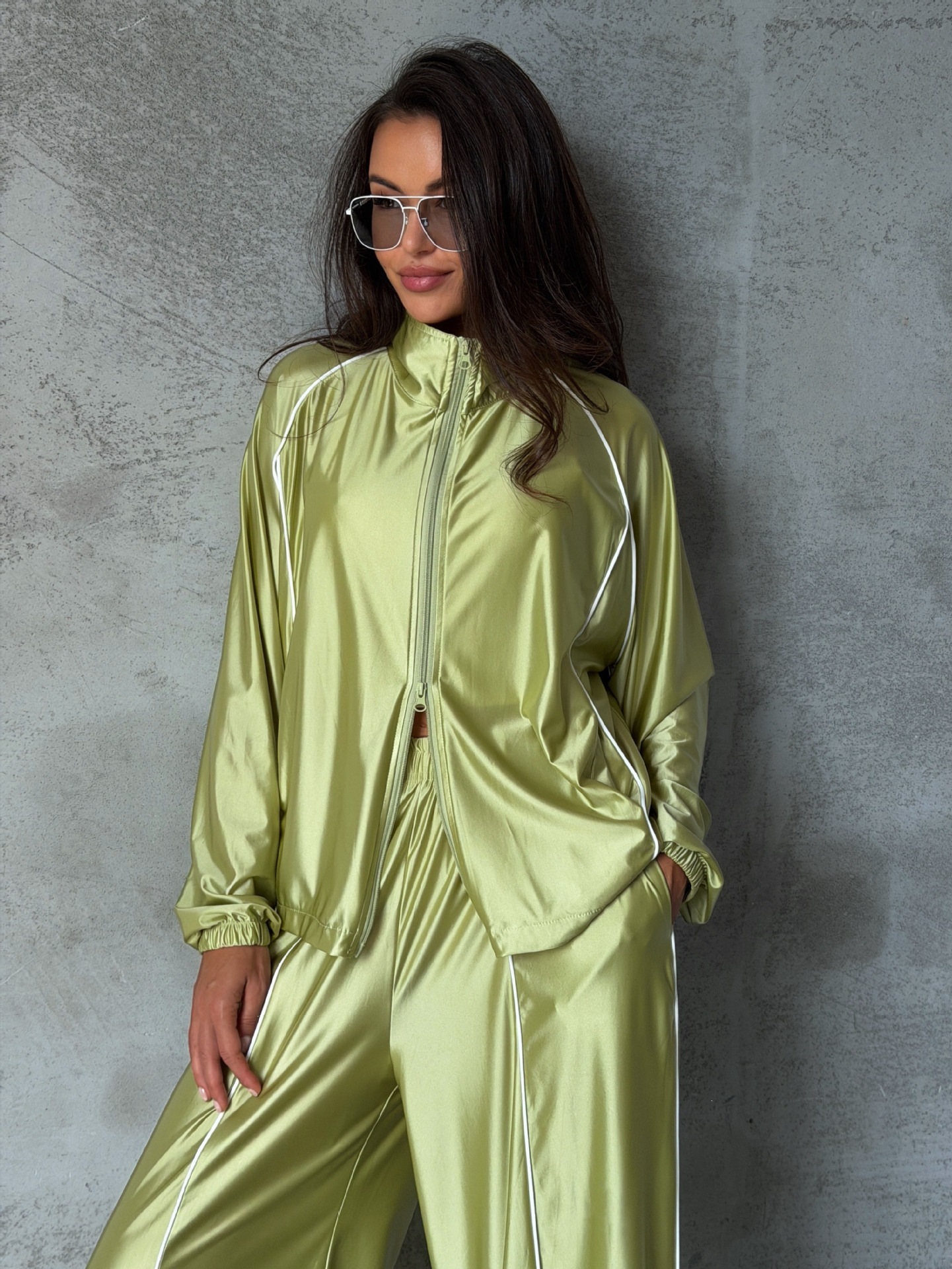 Satin Striped Double-Zip Oversize Women's Tracksuit
