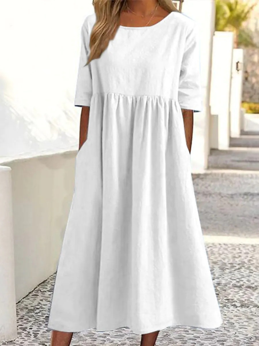 Cotton-Linen Short Sleeve Pocket Pleated Loose Round Neck Dress