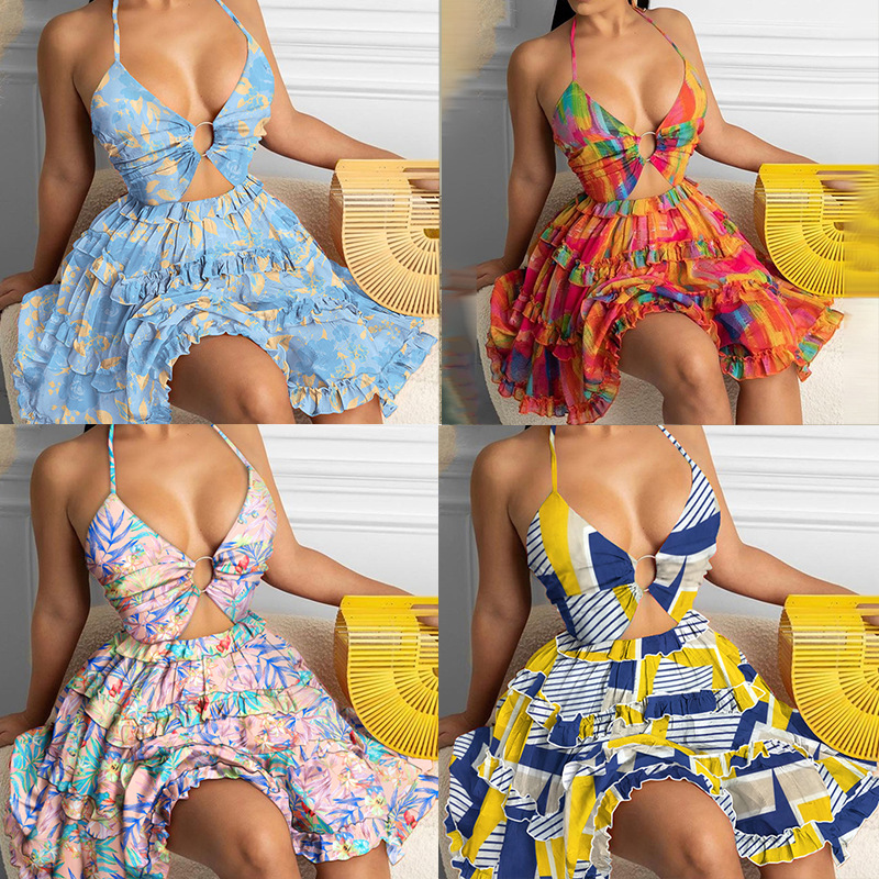 Women's Halter Neck Printed Cutout Ruffle Hem Dress