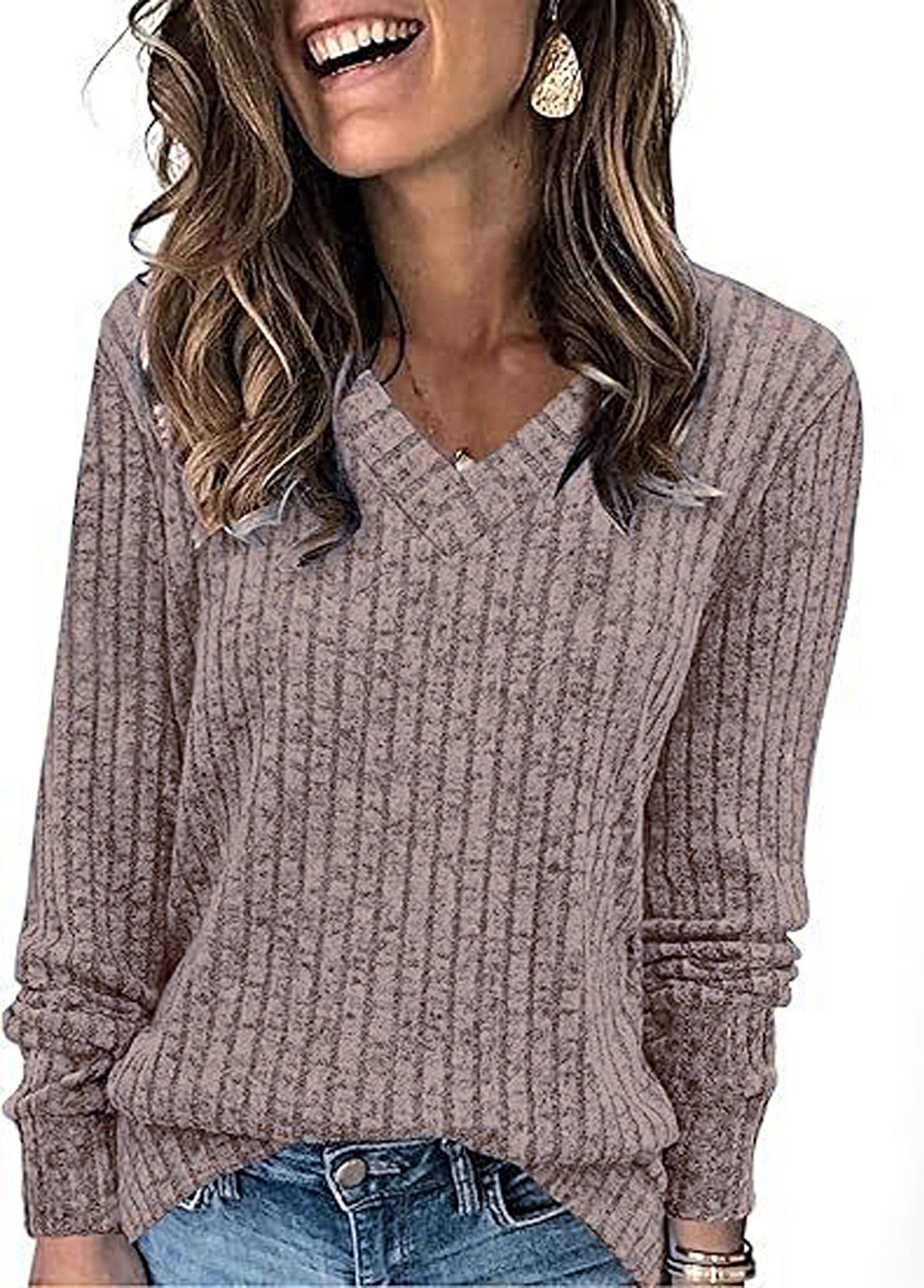 Women's Ribbed Knit V-Neck Long Sleeve Top