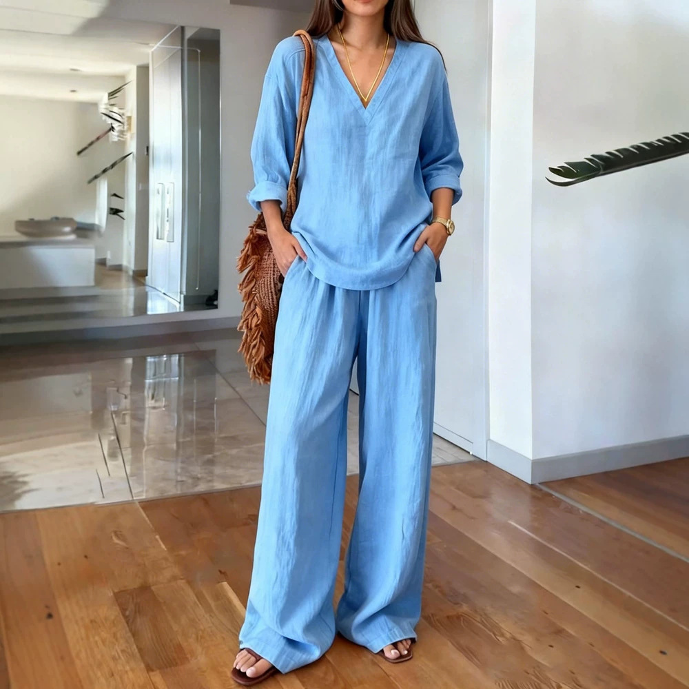 Women's V-Neck Long Sleeve Wide Leg Pants Two-Piece Set Solid Color