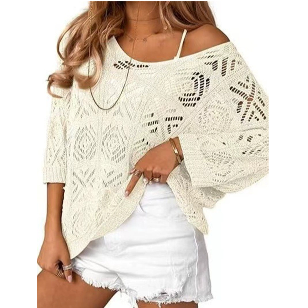 V-Neck Diamond Crochet Hollow-Out Knit Top with Dolman Sleeves