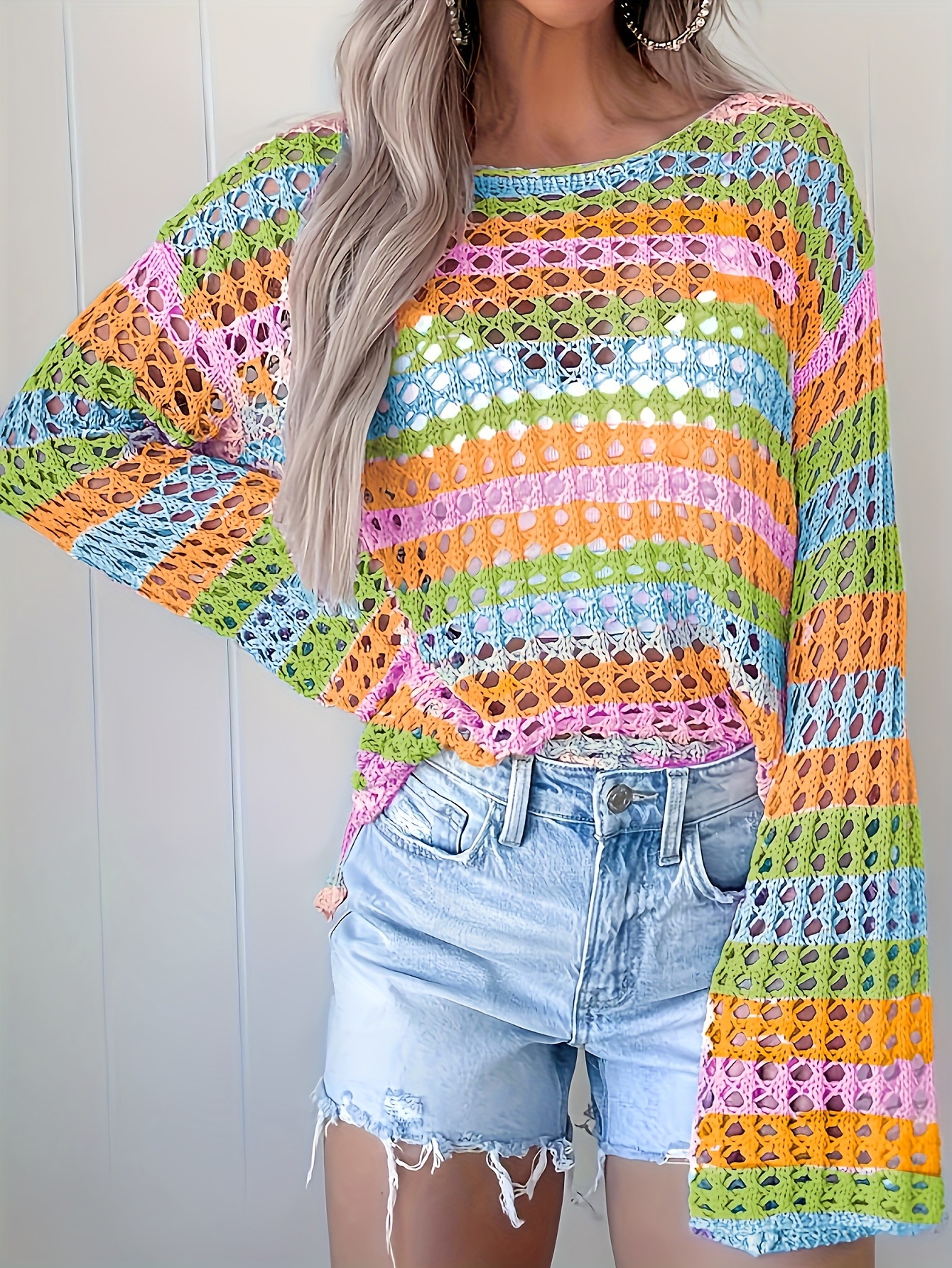 Color-Block Striped Knit Sweater Loose Crewneck Long Sleeve