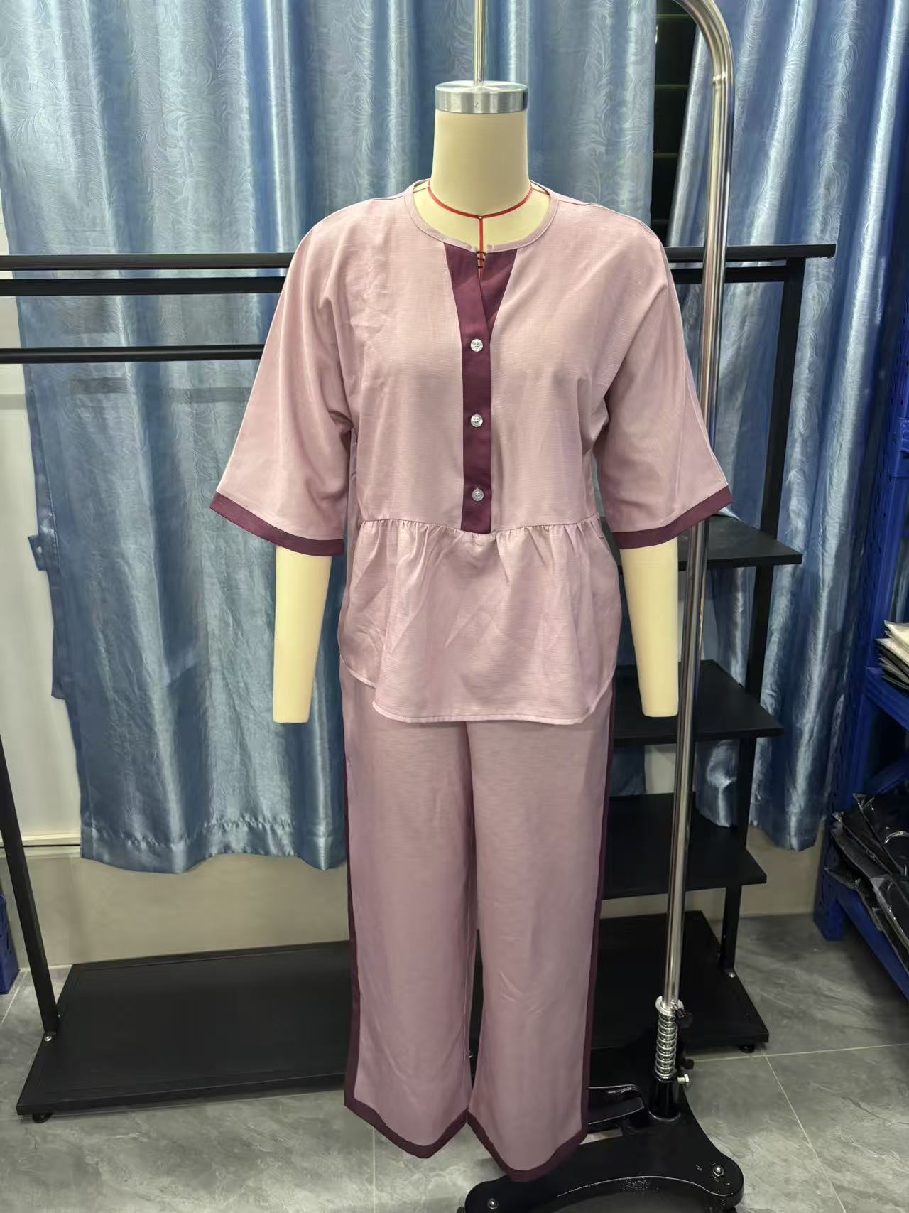 Women's V-Neck 3/4 Sleeve Cotton-Linen Top and Wide-Leg Pants Set