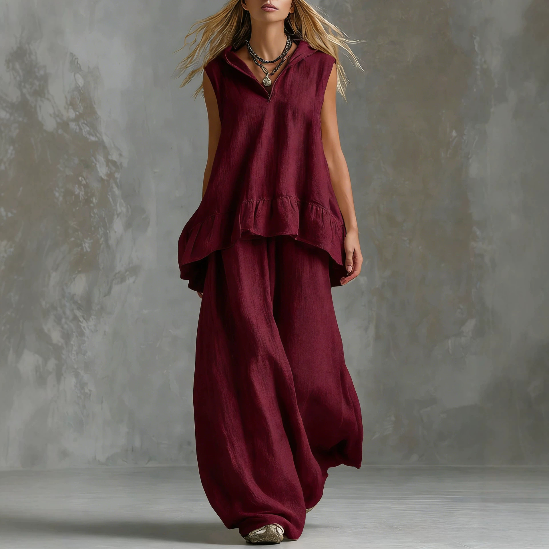 Women's Solid V-Neck Sleeveless Top and Wide-Leg Pants Casual Two-Piece Set