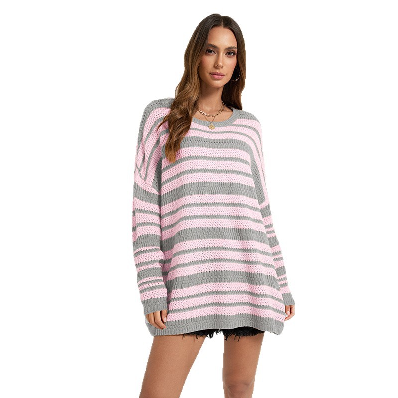 Color-Block Striped Knit Pullover Sweater Women Loose Fit Long Sleeve